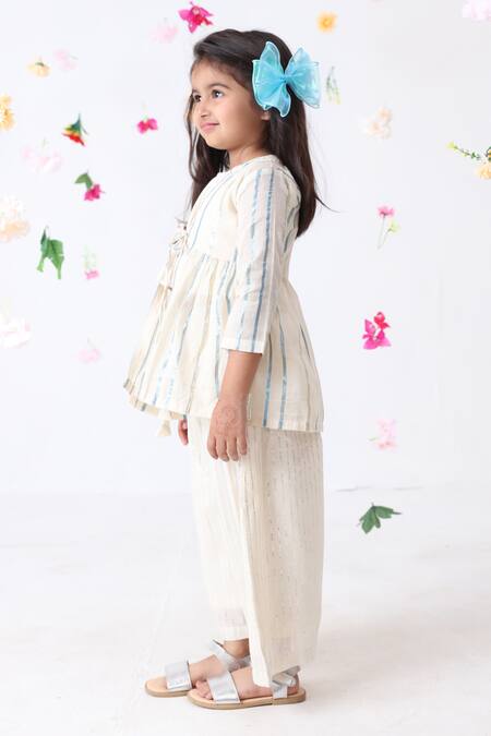 Buy_JILMIL DREAMWEAR_Off White Cotton Stripe Pattern Overcoat And Palazzo Set _Online_at_Aza_Fashions