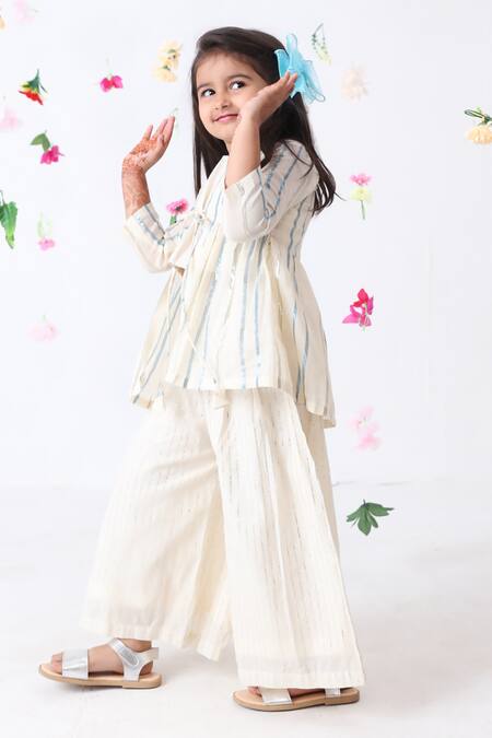 Shop_JILMIL DREAMWEAR_Off White Cotton Stripe Pattern Overcoat And Palazzo Set _Online_at_Aza_Fashions
