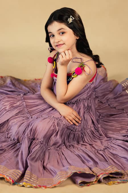 JILMIL DREAMWEAR_Purple Chanderi Pom-poms Tiered Dress_Online_at_Aza_Fashions