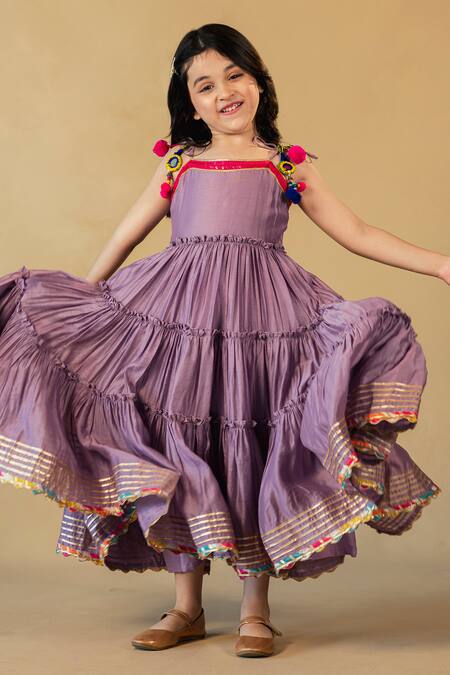 Buy_JILMIL DREAMWEAR_Purple Chanderi Pom-poms Tiered Dress_Online_at_Aza_Fashions