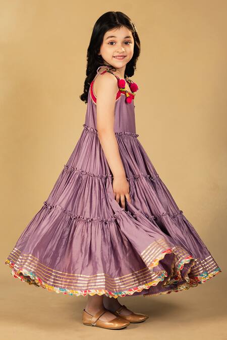 Shop_JILMIL DREAMWEAR_Purple Chanderi Pom-poms Tiered Dress_Online_at_Aza_Fashions
