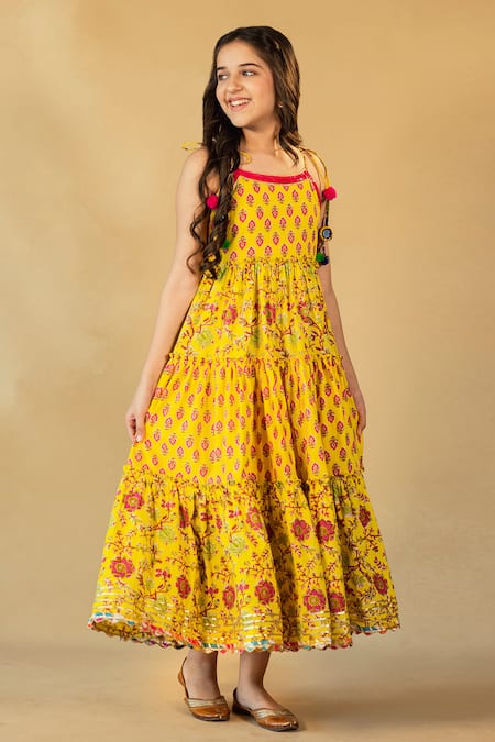 Buy Yellow Cotton Hand Embroidered Floral V Neck Overlap Dress With Belt  For Women by Shruti Sancheti Online at Aza Fashions.