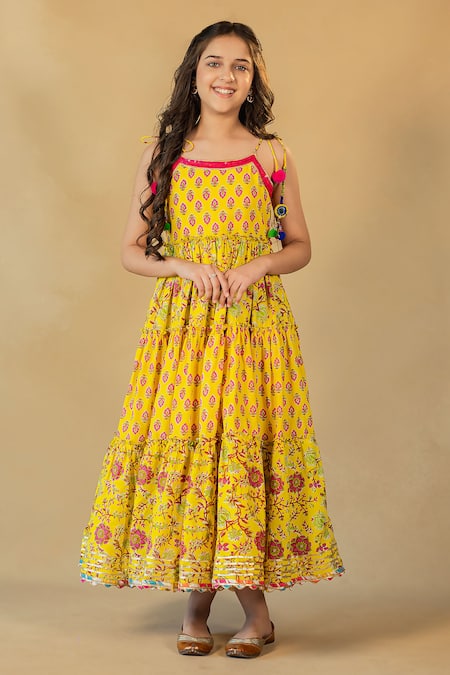 JILMIL DREAMWEAR_Yellow Cotton Sequins, Pom-poms Japuri Floral Print Dress _Online_at_Aza_Fashions