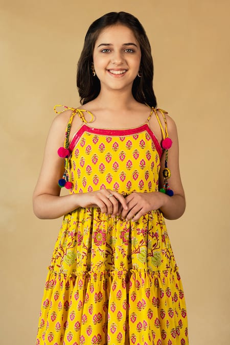 Buy_JILMIL DREAMWEAR_Yellow Cotton Sequins, Pom-poms Japuri Floral Print Dress _Online_at_Aza_Fashions