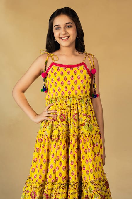 Shop_JILMIL DREAMWEAR_Yellow Cotton Sequins, Pom-poms Japuri Floral Print Dress _Online_at_Aza_Fashions