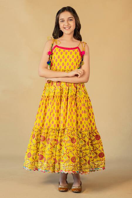 JILMIL DREAMWEAR_Yellow Cotton Sequins, Pom-poms Japuri Floral Print Dress _at_Aza_Fashions