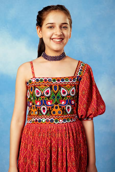 Buy JILMIL DREAMWEAR Red Cotton Embroidery Quatrefoil Floral Print Dress Online at Aza Fashions Buy_JILMIL DREAMWEAR_Red Cotton Embroidery Quatrefoil Floral Print Dress _Online_at_Aza_Fashions