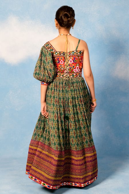 Shop JILMIL DREAMWEAR Green Cotton Embroidery Diamond Floral Print Dress at Aza Fashions Shop_JILMIL DREAMWEAR_Green Cotton Embroidery Diamond Floral Print Dress _at_Aza_Fashions