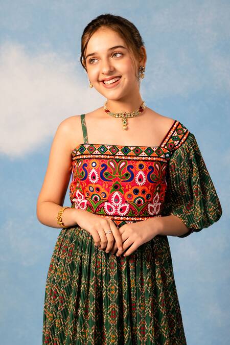 JILMIL DREAMWEAR Green Cotton Embroidery Diamond Floral Print Dress Online at Aza Fashions JILMIL DREAMWEAR_Green Cotton Embroidery Diamond Floral Print Dress _Online_at_Aza_Fashions