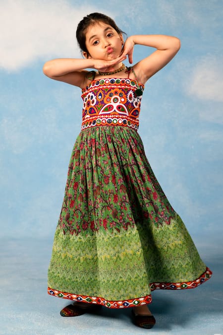Shop_JILMIL DREAMWEAR_Green Cotton Pom-poms, Embroidery Kuchhi Yoke Dress _at_Aza_Fashions