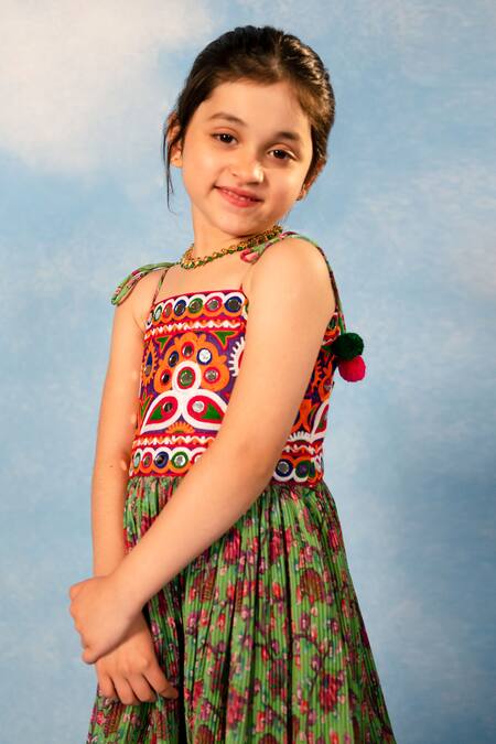 JILMIL DREAMWEAR_Green Cotton Pom-poms, Embroidery Kuchhi Yoke Dress _Online_at_Aza_Fashions