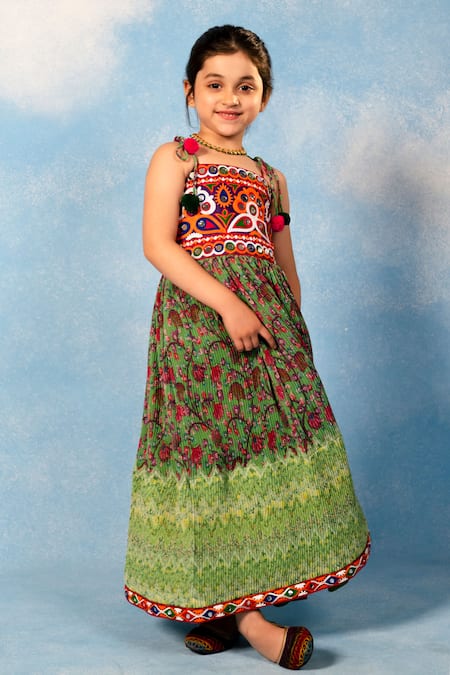 Buy_JILMIL DREAMWEAR_Green Cotton Pom-poms, Embroidery Kuchhi Yoke Dress _Online_at_Aza_Fashions