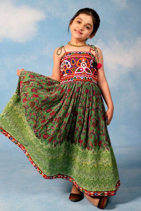 Shop_JILMIL DREAMWEAR_Green Cotton Pom-poms, Embroidery Kuchhi Yoke Dress _Online_at_Aza_Fashions