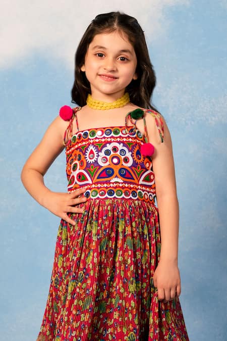 Buy JILMIL DREAMWEAR Pink Cotton Pom-poms Kuchhi Embroidered Yoke Dress Online at Aza Fashions Buy_JILMIL DREAMWEAR_Pink Cotton Pom-poms Kuchhi Embroidered Yoke Dress _Online_at_Aza_Fashions