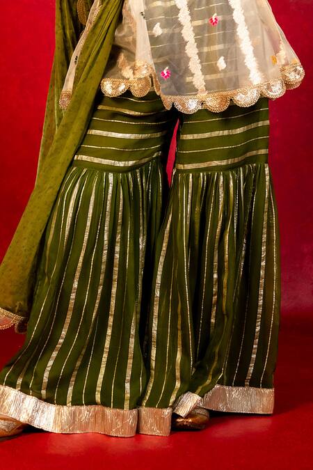 Shop JILMIL DREAMWEAR Green Organza Sequins, Zari Floral Pattern Kurta And Sharara Set Online at Aza Fashions Shop_JILMIL DREAMWEAR_Green Organza Sequins, Zari Floral Pattern Kurta And Sharara Set _Online_at_Aza_Fashions