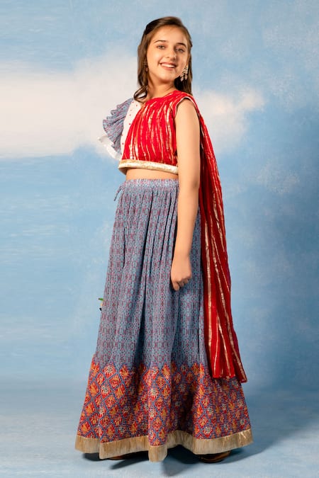 JILMIL DREAMWEAR_Blue Cotton Beads Geometric Print Lehenga With Blouse _Online_at_Aza_Fashions