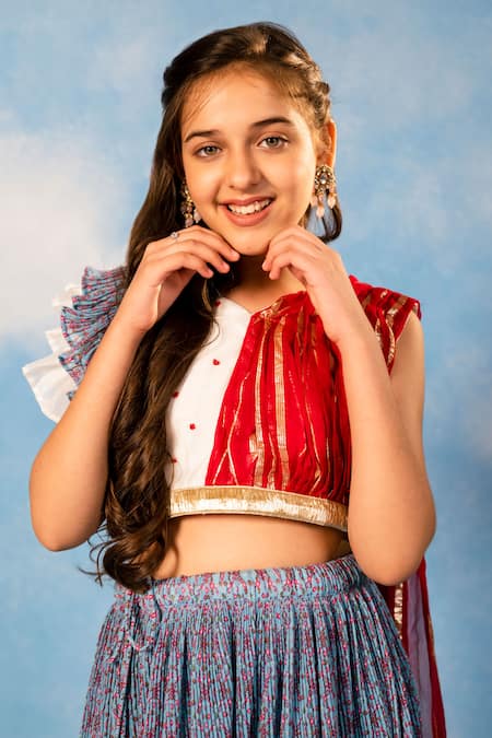 JILMIL DREAMWEAR_Blue Cotton Beads Geometric Print Lehenga With Blouse _at_Aza_Fashions