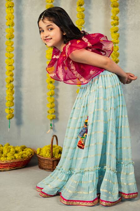 Shop JILMIL DREAMWEAR Blue Organza Embroidery Zari Panelled Lehenga With Blouse Online at Aza Fashions Shop_JILMIL DREAMWEAR_Blue Organza Embroidery Zari Panelled Lehenga With Blouse _Online_at_Aza_Fashions