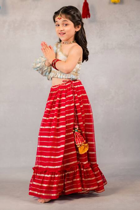 Buy_JILMIL DREAMWEAR_Red Organza Zari Panelled Lehenga With One Shoulder Blouse_Online_at_Aza_Fashions