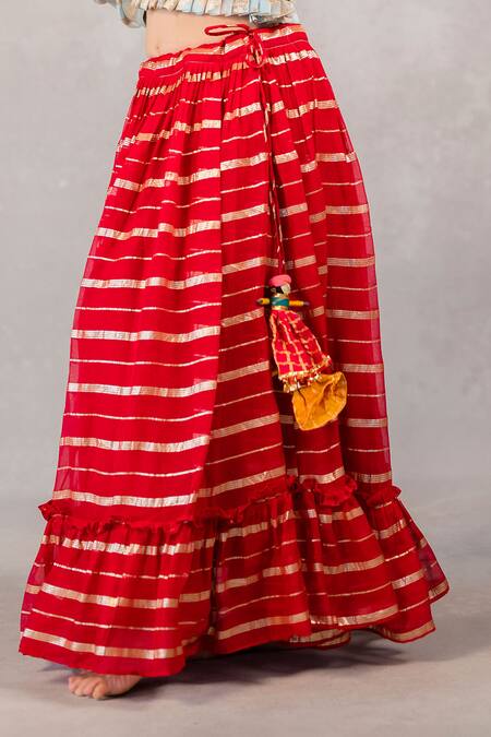 Shop_JILMIL DREAMWEAR_Red Organza Zari Panelled Lehenga With One Shoulder Blouse_Online_at_Aza_Fashions