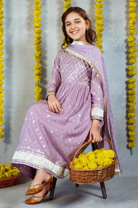JILMIL DREAMWEAR_Purple Cotton Zari Trellis Floral Anarkali Set _Online_at_Aza_Fashions