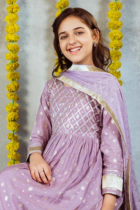 Buy_JILMIL DREAMWEAR_Purple Cotton Zari Trellis Floral Anarkali Set _Online_at_Aza_Fashions