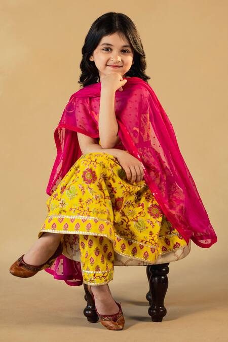 JILMIL DREAMWEAR Yellow Cotton, Chiffon Pom-poms, Sequins Japuri Floral Print Anarkali Set at Aza Fashions JILMIL DREAMWEAR_Yellow Cotton, Chiffon Pom-poms, Sequins Japuri Floral Print Anarkali Set _at_Aza_Fashions