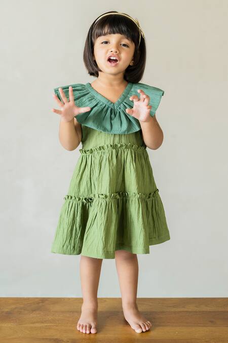 Shop_JILMIL DREAMWEAR_Green Cotton Contrast Collar Dress _Online_at_Aza_Fashions