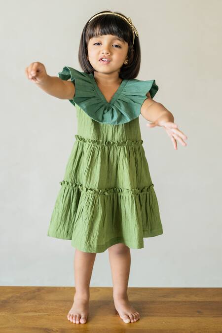 JILMIL DREAMWEAR_Green Cotton Contrast Collar Dress _at_Aza_Fashions