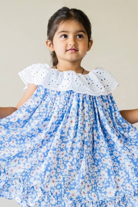 JILMIL DREAMWEAR Blue Rayon Fringe Flower Print A-line Dress Online at Aza Fashions JILMIL DREAMWEAR_Blue Rayon Fringe Flower Print A-line Dress _Online_at_Aza_Fashions