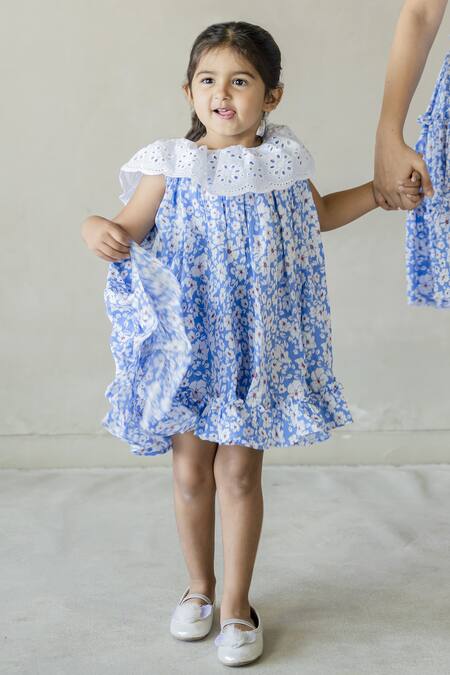 Buy JILMIL DREAMWEAR Blue Rayon Fringe Flower Print A-line Dress Online at Aza Fashions Buy_JILMIL DREAMWEAR_Blue Rayon Fringe Flower Print A-line Dress _Online_at_Aza_Fashions