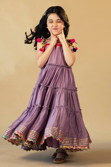 JILMIL DREAMWEAR_Purple Chanderi Pom-poms Tiered Dress_at_Aza_Fashions