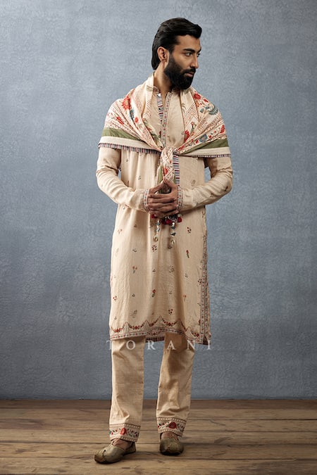 Shop_Torani_Beige Badami Rafiq Hand Block Printed Scarf _at_Aza_Fashions