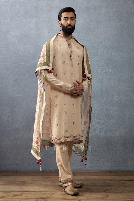 Torani_Beige Badami Rafiq Hand Block Printed Scarf _Online_at_Aza_Fashions