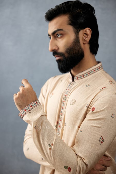 Buy Torani Beige Cotton, Silk Embroidery Badami Prabeer Hand Block Printed Kurta Set Online at Aza Fashions Buy_Torani_Beige Cotton, Silk Embroidery Badami Prabeer Hand Block Printed Kurta Set _Online_at_Aza_Fashions