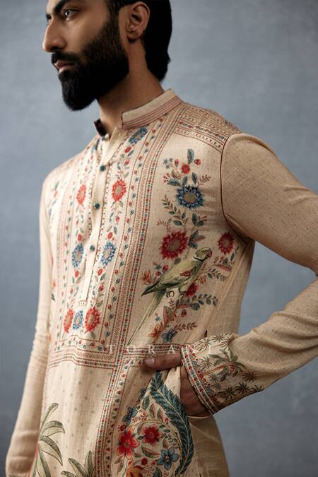 Torani_Beige Cotton, Silk, Handloom Cotton, Badami Ashfaq Hand Block Printed Kurta Set _Online_at_Aza_Fashions