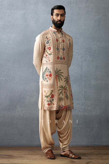 Buy_Torani_Beige Cotton, Silk, Handloom Cotton, Badami Ashfaq Hand Block Printed Kurta Set _Online_at_Aza_Fashions