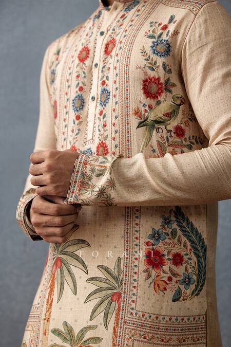 Shop_Torani_Beige Cotton, Silk, Handloom Cotton, Badami Ashfaq Hand Block Printed Kurta Set _Online_at_Aza_Fashions
