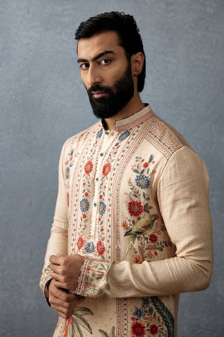 Torani_Beige Cotton, Silk, Handloom Cotton, Badami Ashfaq Hand Block Printed Kurta Set _at_Aza_Fashions