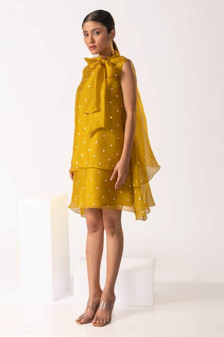 Shop Vanshika Agarwal Label Yellow Organza, Taffeta Pearls Open Neck Mustard Embroidered Layered Dress at Aza Fashions Shop_Vanshika Agarwal Label_Yellow Organza, Taffeta Pearls Open Neck Mustard Embroidered Layered Dress _at_Aza_Fashions