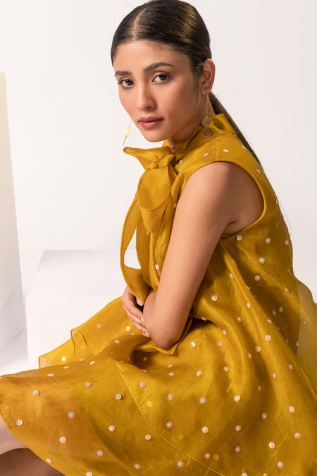 Vanshika Agarwal Label Yellow Organza, Taffeta Pearls Open Neck Mustard Embroidered Layered Dress Online at Aza Fashions Vanshika Agarwal Label_Yellow Organza, Taffeta Pearls Open Neck Mustard Embroidered Layered Dress _Online_at_Aza_Fashions