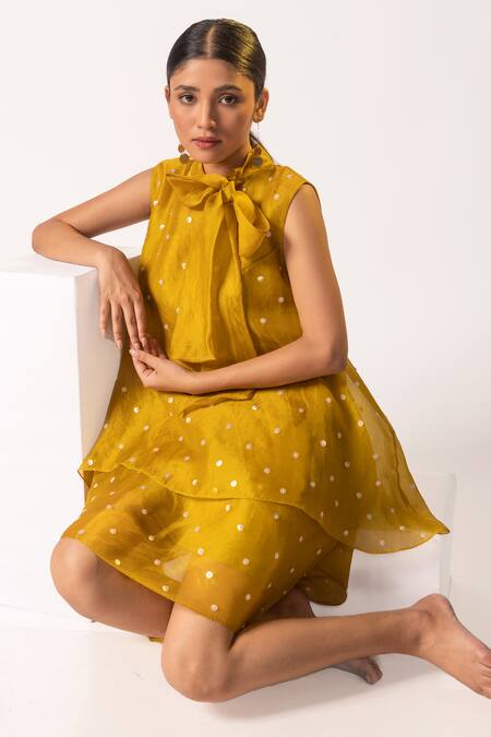 Buy Vanshika Agarwal Label Yellow Organza, Taffeta Pearls Open Neck Mustard Embroidered Layered Dress Online at Aza Fashions Buy_Vanshika Agarwal Label_Yellow Organza, Taffeta Pearls Open Neck Mustard Embroidered Layered Dress _Online_at_Aza_Fashions