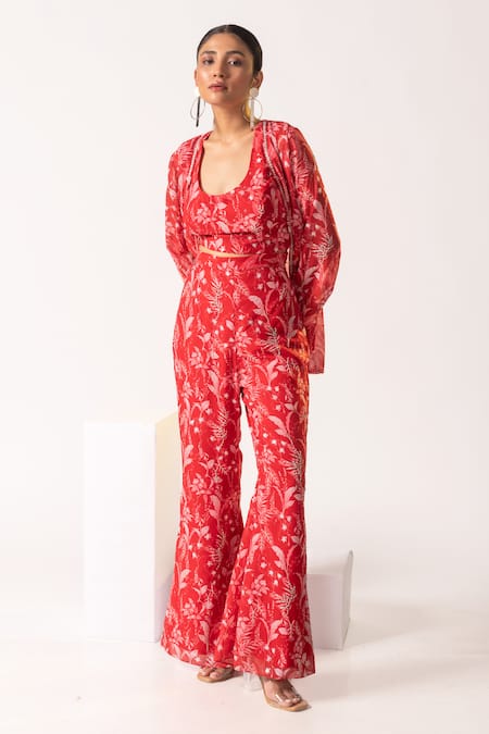 Vanshika Agarwal Label Red Georgette, Lining Taffeta Sequins, Tropical U Alana Print Jacket Pant Set Online at Aza Fashions Vanshika Agarwal Label_Red Georgette, Lining Taffeta Sequins, Tropical U Alana Print Jacket Pant Set _Online_at_Aza_Fashions