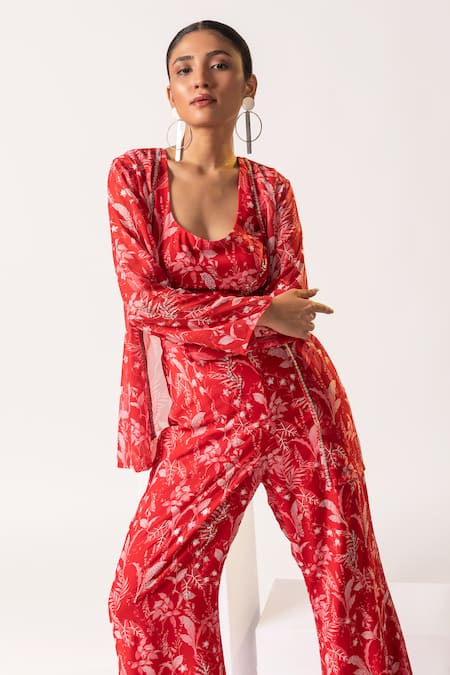 Buy Vanshika Agarwal Label Red Georgette, Lining Taffeta Sequins, Tropical U Alana Print Jacket Pant Set Online at Aza Fashions Buy_Vanshika Agarwal Label_Red Georgette, Lining Taffeta Sequins, Tropical U Alana Print Jacket Pant Set _Online_at_Aza_Fashions