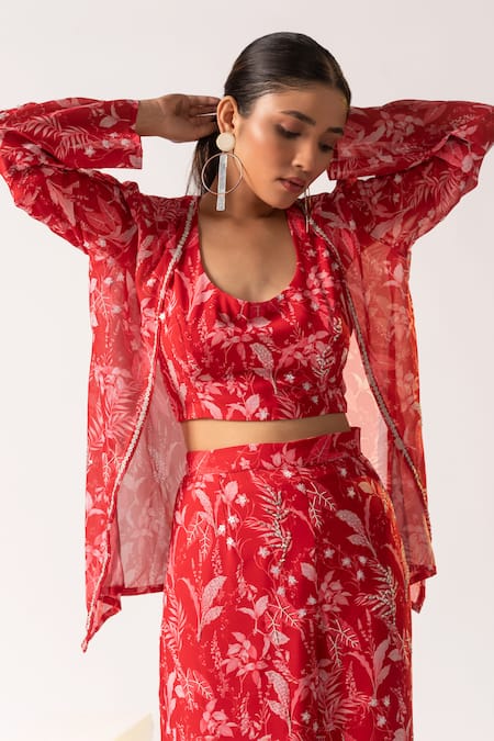 Shop Vanshika Agarwal Label Red Georgette, Lining Taffeta Sequins, Tropical U Alana Print Jacket Pant Set Online at Aza Fashions Shop_Vanshika Agarwal Label_Red Georgette, Lining Taffeta Sequins, Tropical U Alana Print Jacket Pant Set _Online_at_Aza_Fashions