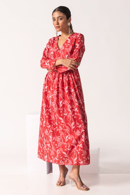 Shop Vanshika Agarwal Label Red Cotton, Lining Taffeta Tropical V Neck Alba Print Flared Dress at Aza Fashions Shop_Vanshika Agarwal Label_Red Cotton, Lining Taffeta Tropical V Neck Alba Print Flared Dress _at_Aza_Fashions