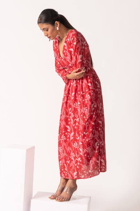 Vanshika Agarwal Label Red Cotton, Lining Taffeta Tropical V Neck Alba Print Flared Dress Online at Aza Fashions Vanshika Agarwal Label_Red Cotton, Lining Taffeta Tropical V Neck Alba Print Flared Dress _Online_at_Aza_Fashions