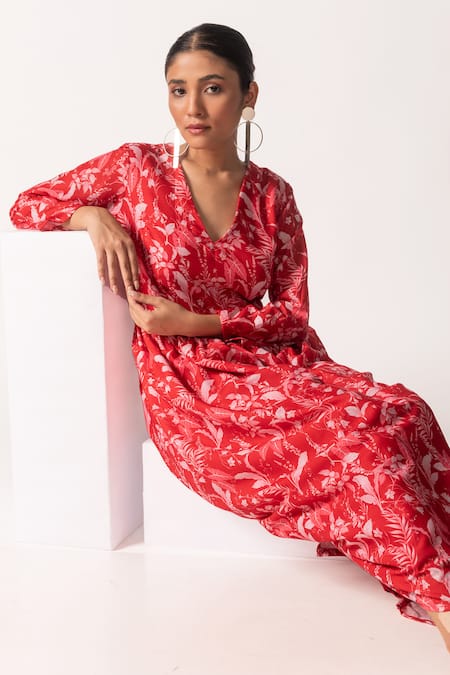 Buy Vanshika Agarwal Label Red Cotton, Lining Taffeta Tropical V Neck Alba Print Flared Dress Online at Aza Fashions Buy_Vanshika Agarwal Label_Red Cotton, Lining Taffeta Tropical V Neck Alba Print Flared Dress _Online_at_Aza_Fashions