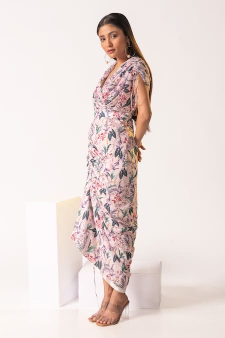Shop Vanshika Agarwal Label Multi Color Georgette, Taffeta Embroidery V-neck Tropical Print Maxi Dress Online at Aza Fashions Shop_Vanshika Agarwal Label_Multi Color Georgette, Taffeta Embroidery V-neck Tropical Print Maxi Dress _Online_at_Aza_Fashions