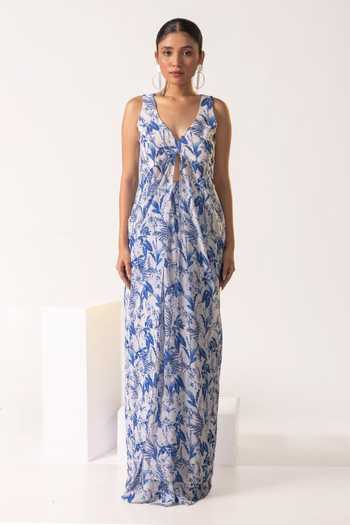Vanshika Agarwal Label_White Georgette, Taffeta V-neck Tropical Print Top And Pant Set_Online_at_Aza_Fashions